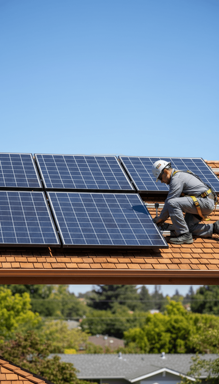 Technician working on residential solar panel installation