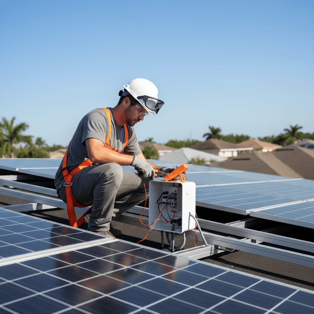 Solar technician repairing panel junction box