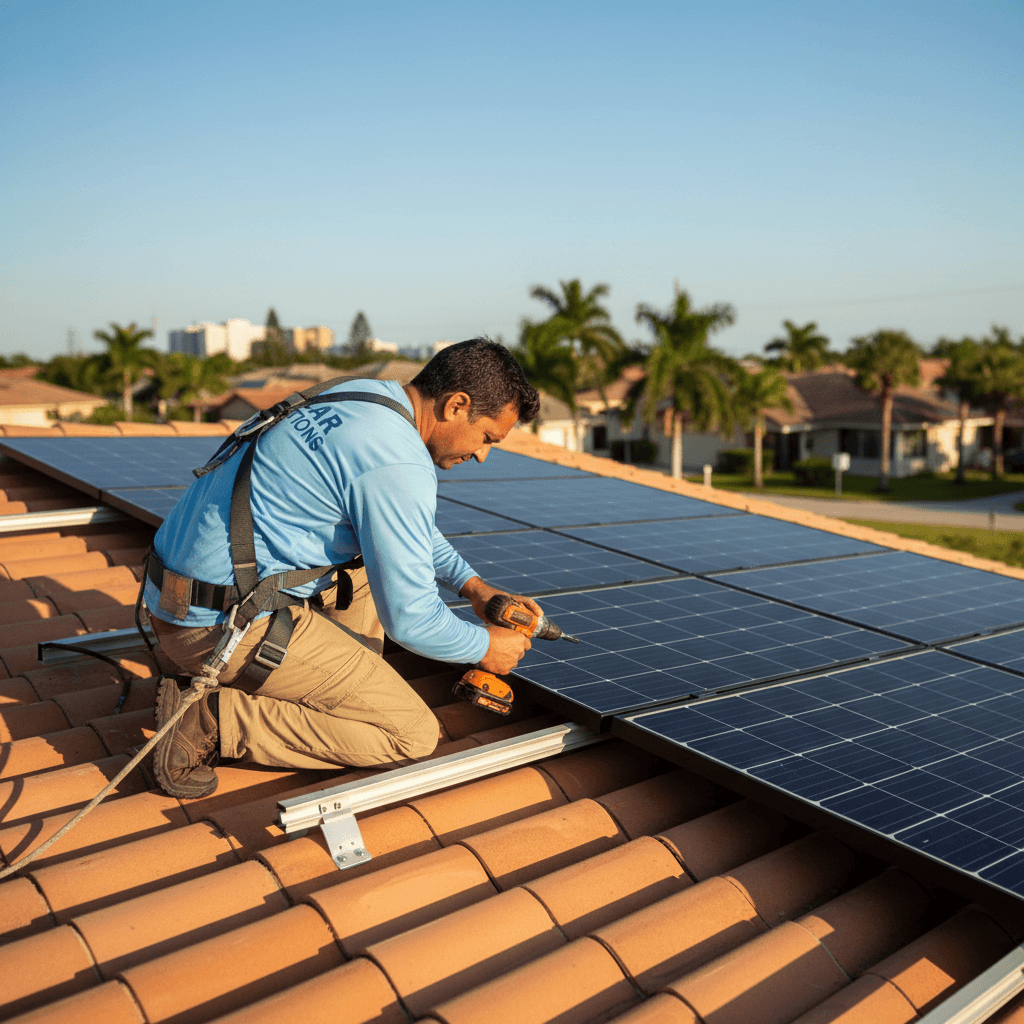 Solar technician installing panels on residential rooftop