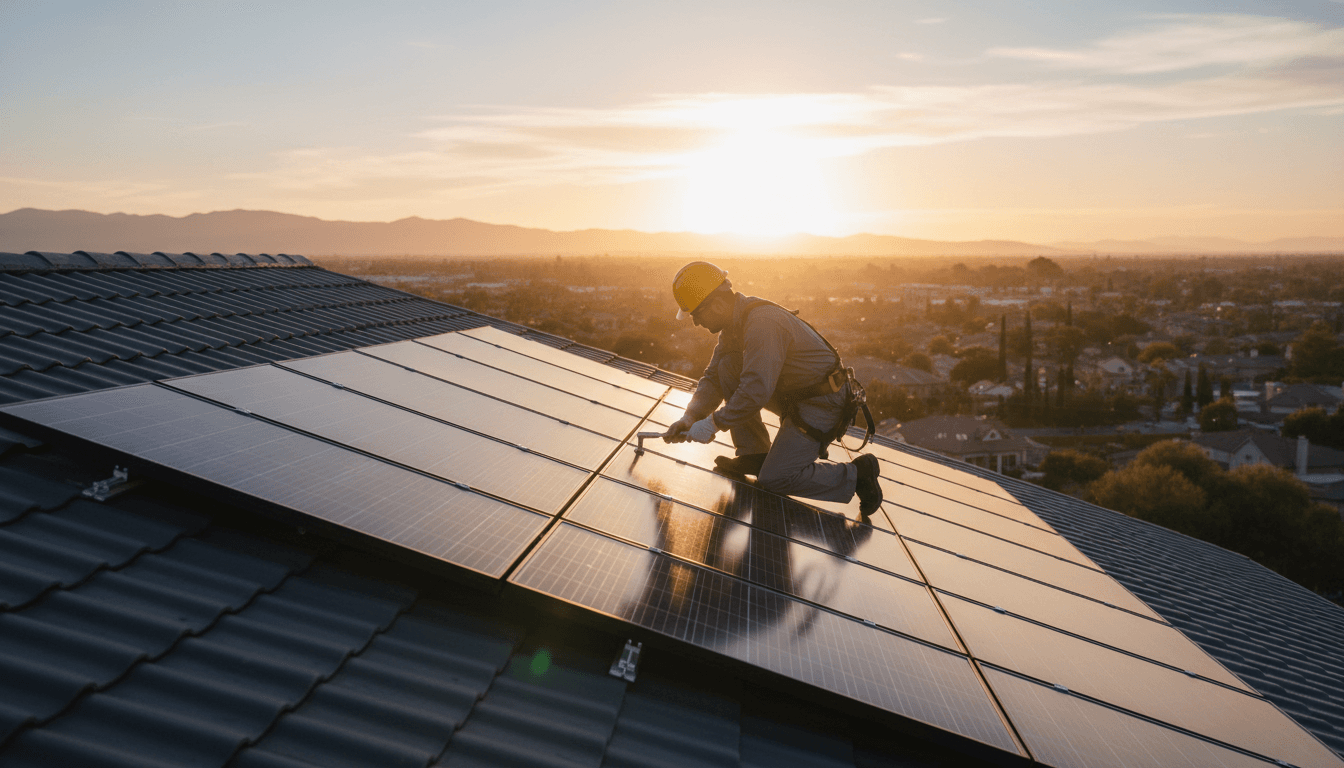 Solar panel technician installing panels on a roof with warm sunset lighting.