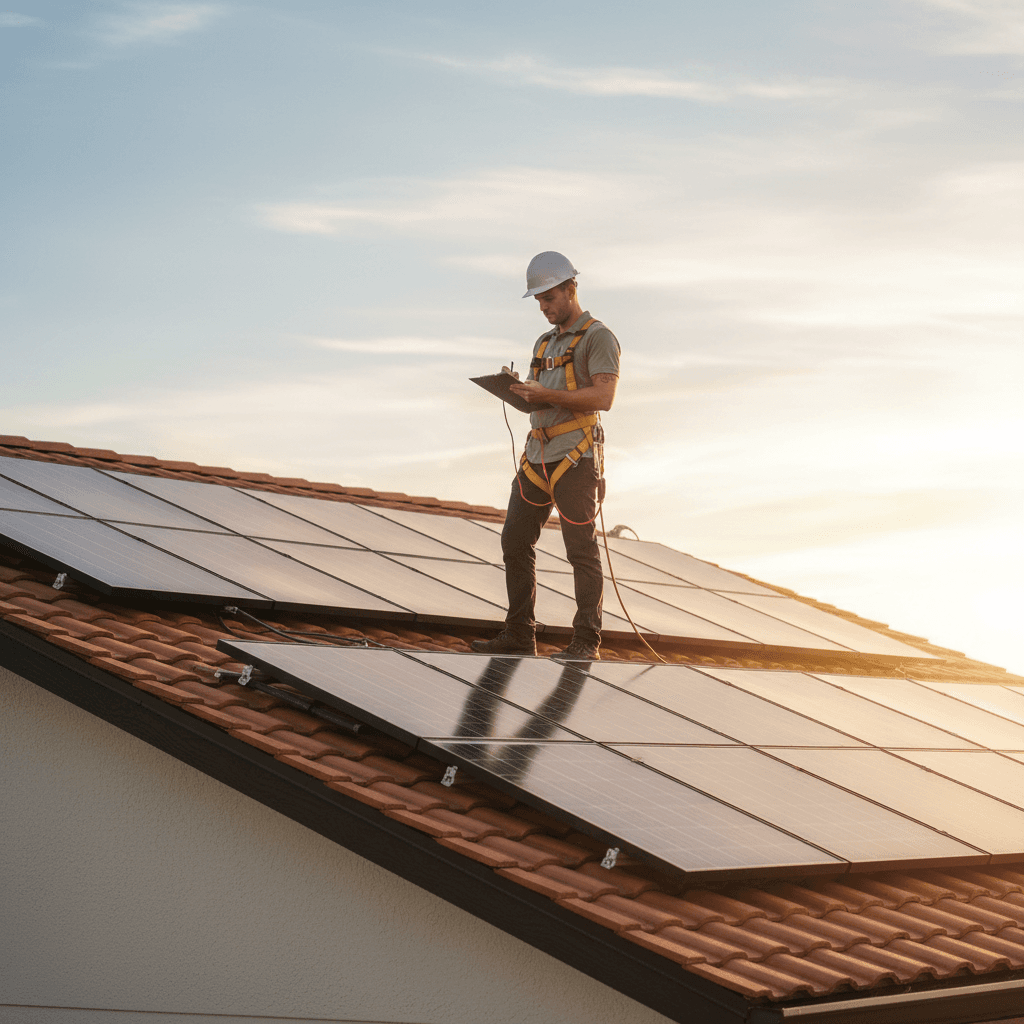 Solar technician conducting system inspection on residential roof