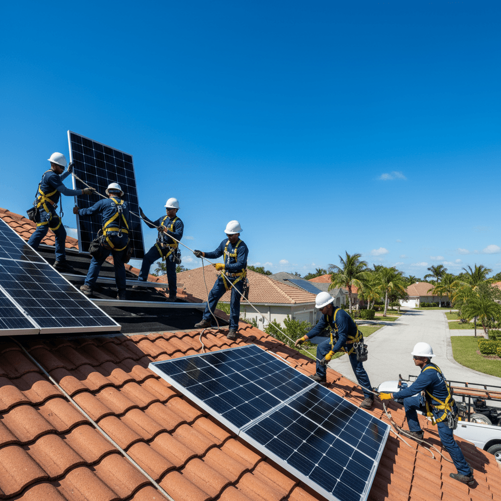 Licensed solar installer on residential rooftop