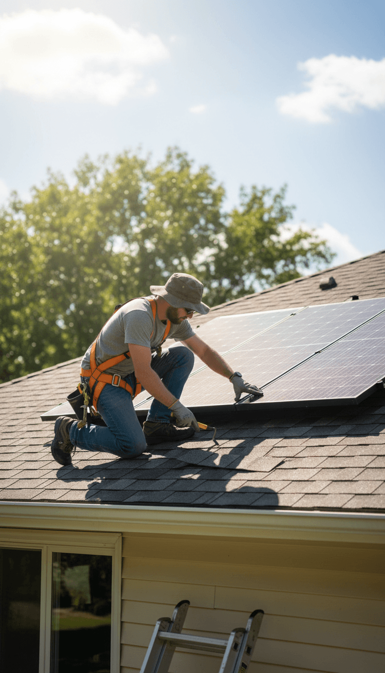 Roofer inspecting residential roof with solar panels