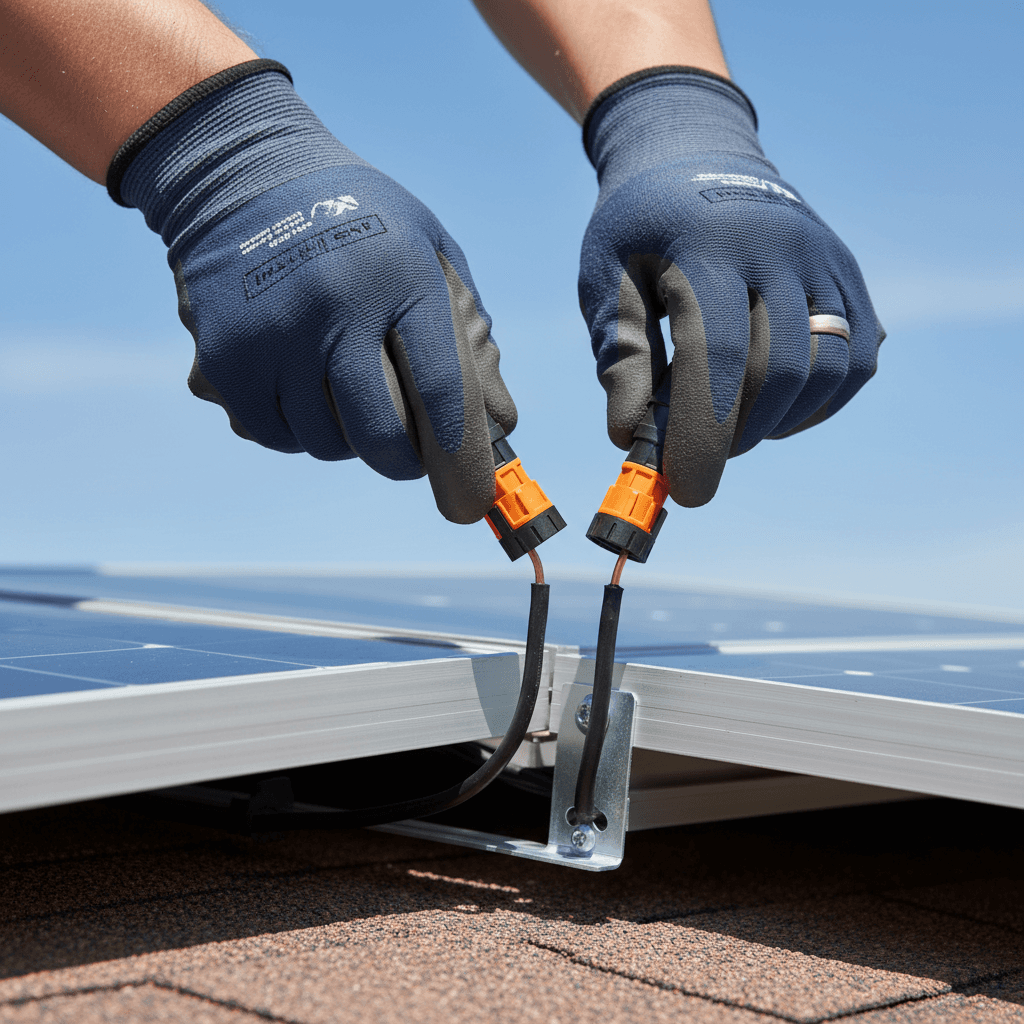 Solar panel technician disconnecting panel wiring