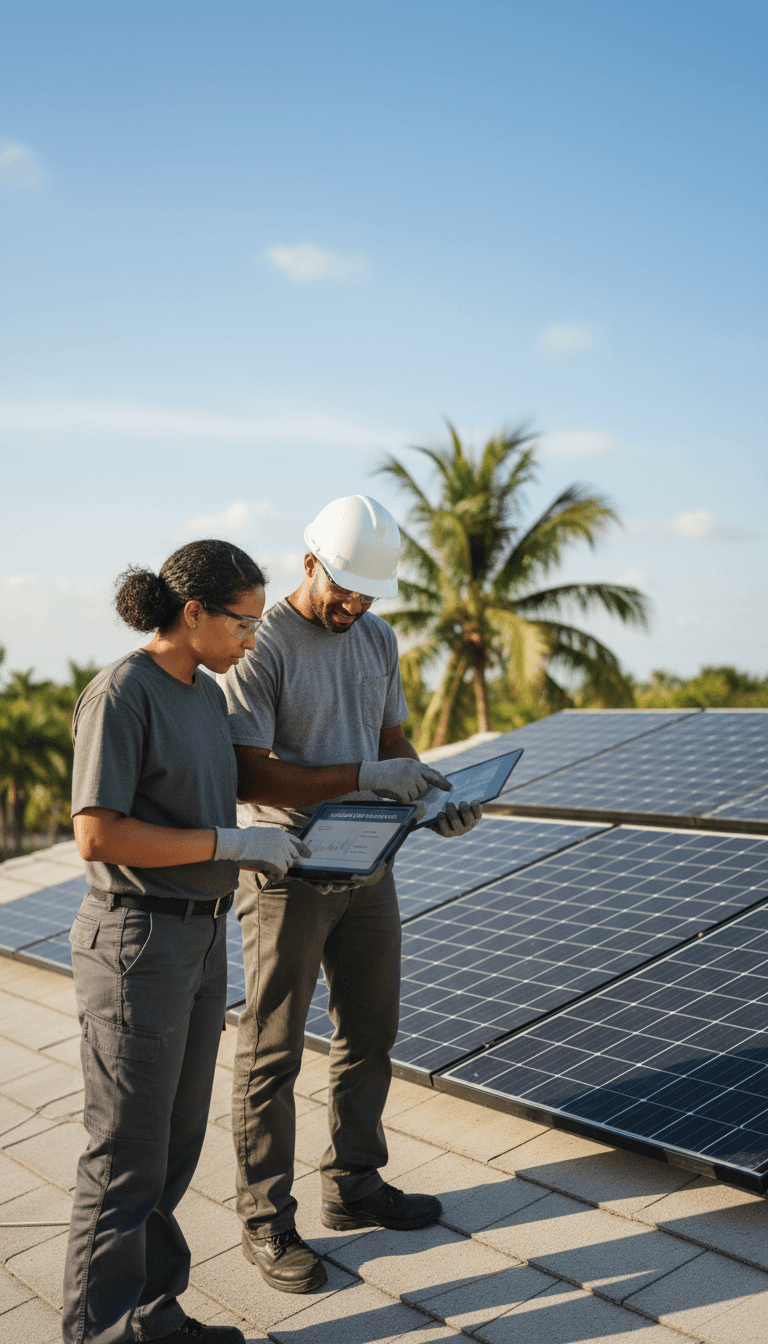 Roofing technician and solar technician collaborating on a residential roof in Broward County