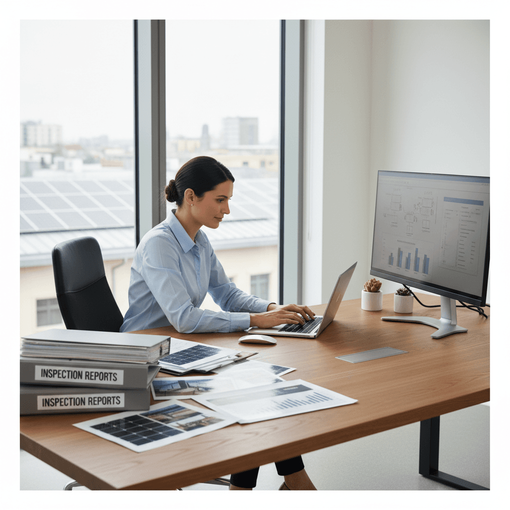Service documentation including inspection reports, photos, and performance data