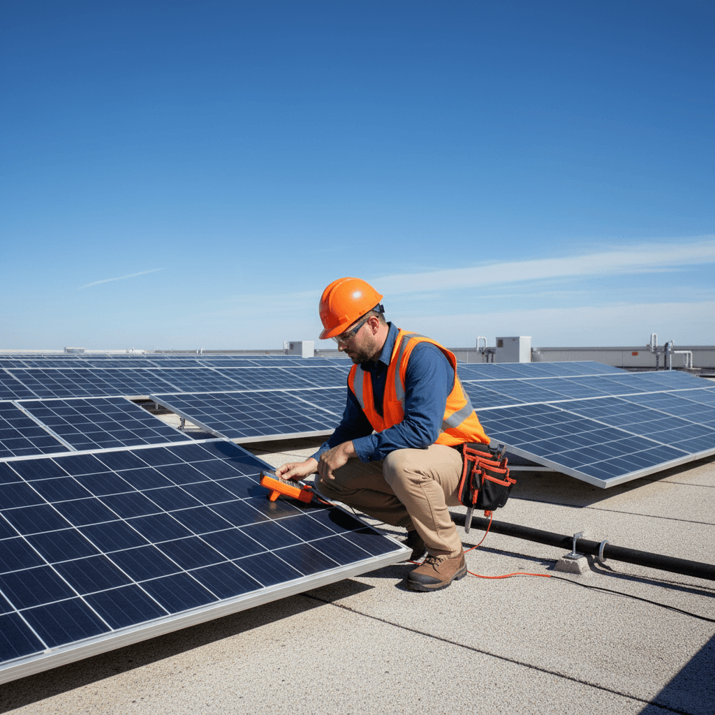 Technician inspecting commercial solar array