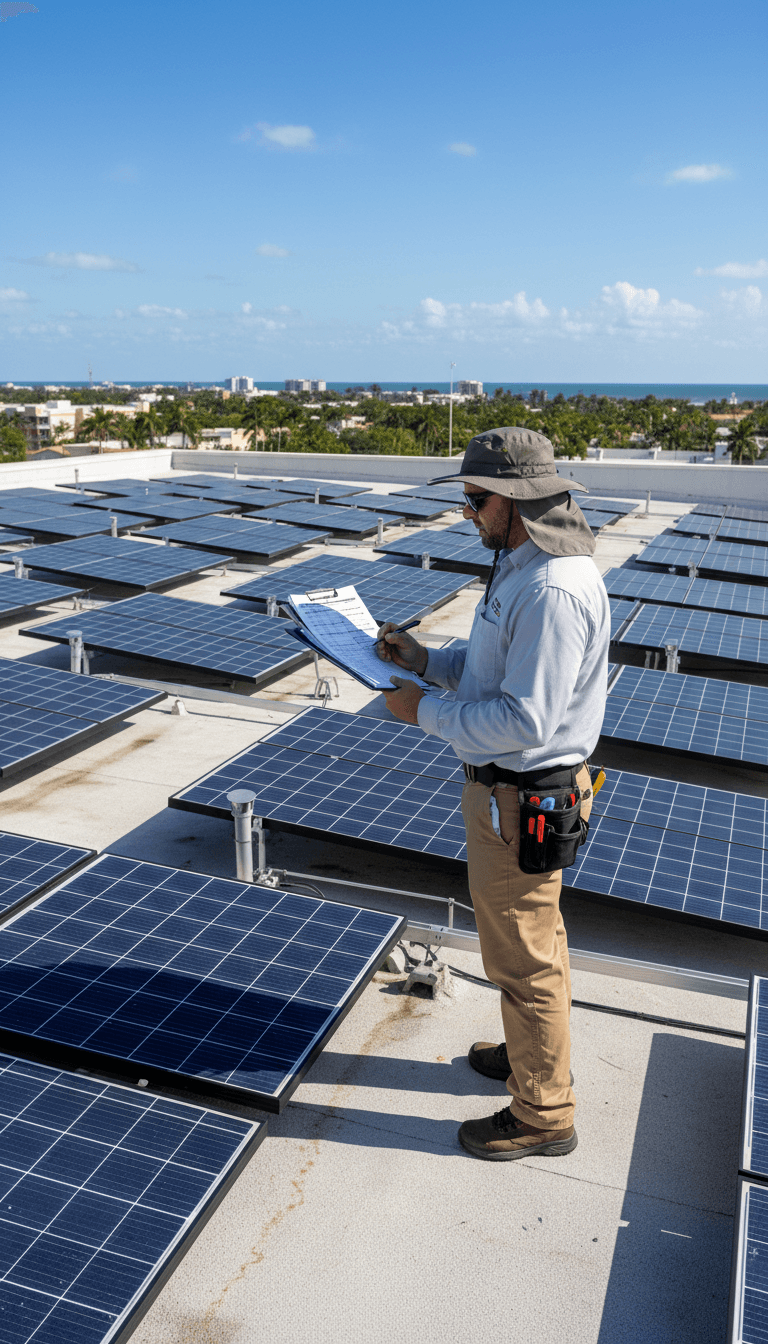 Commercial solar technician inspecting rooftop solar panels with clipboard in hand