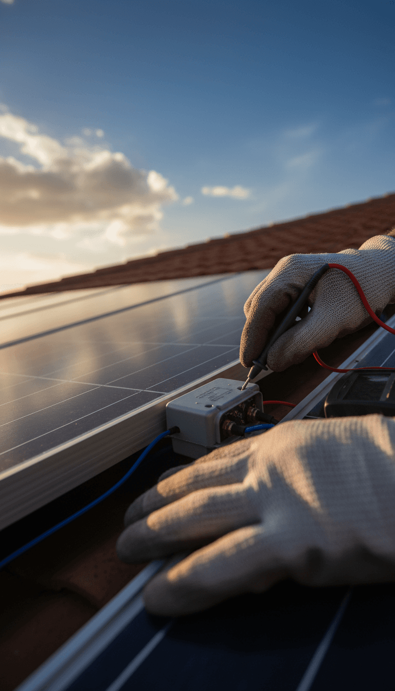 Technician inspecting solar panel wiring with a multimeter