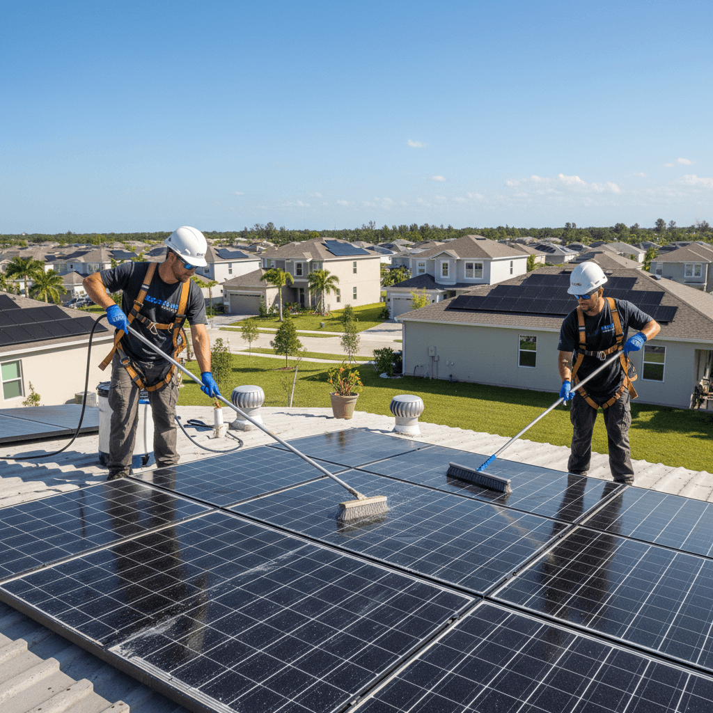 Solar technicians performing routine panel cleaning and maintenance