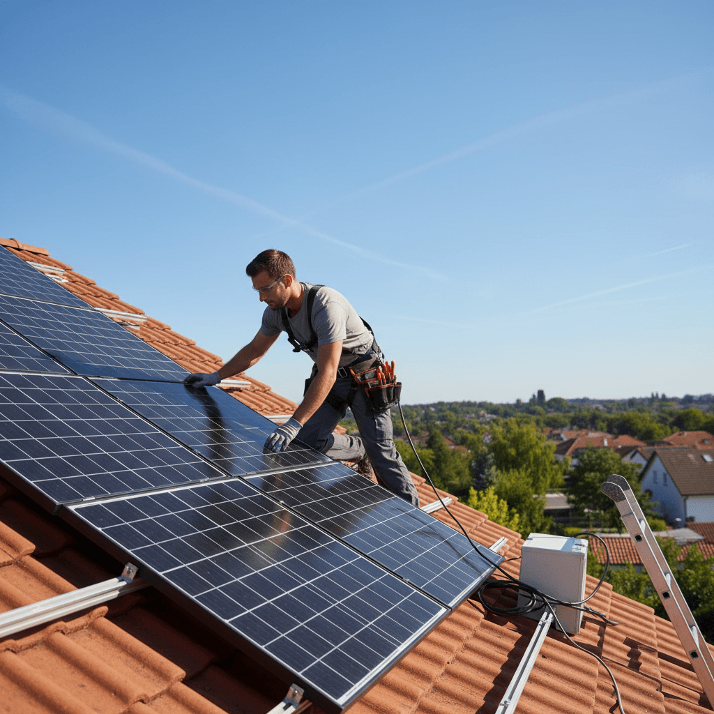 Solar technician installing panels on roof