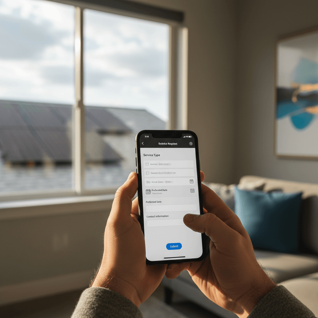 Homeowner submitting a solar service request on smartphone