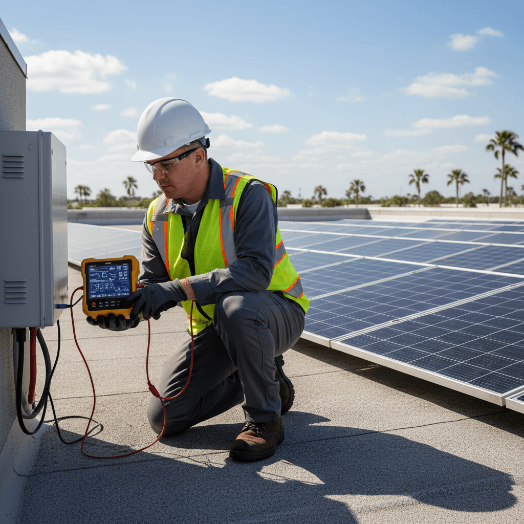 Technician analyzing inverter diagnostics with specialized testing equipment