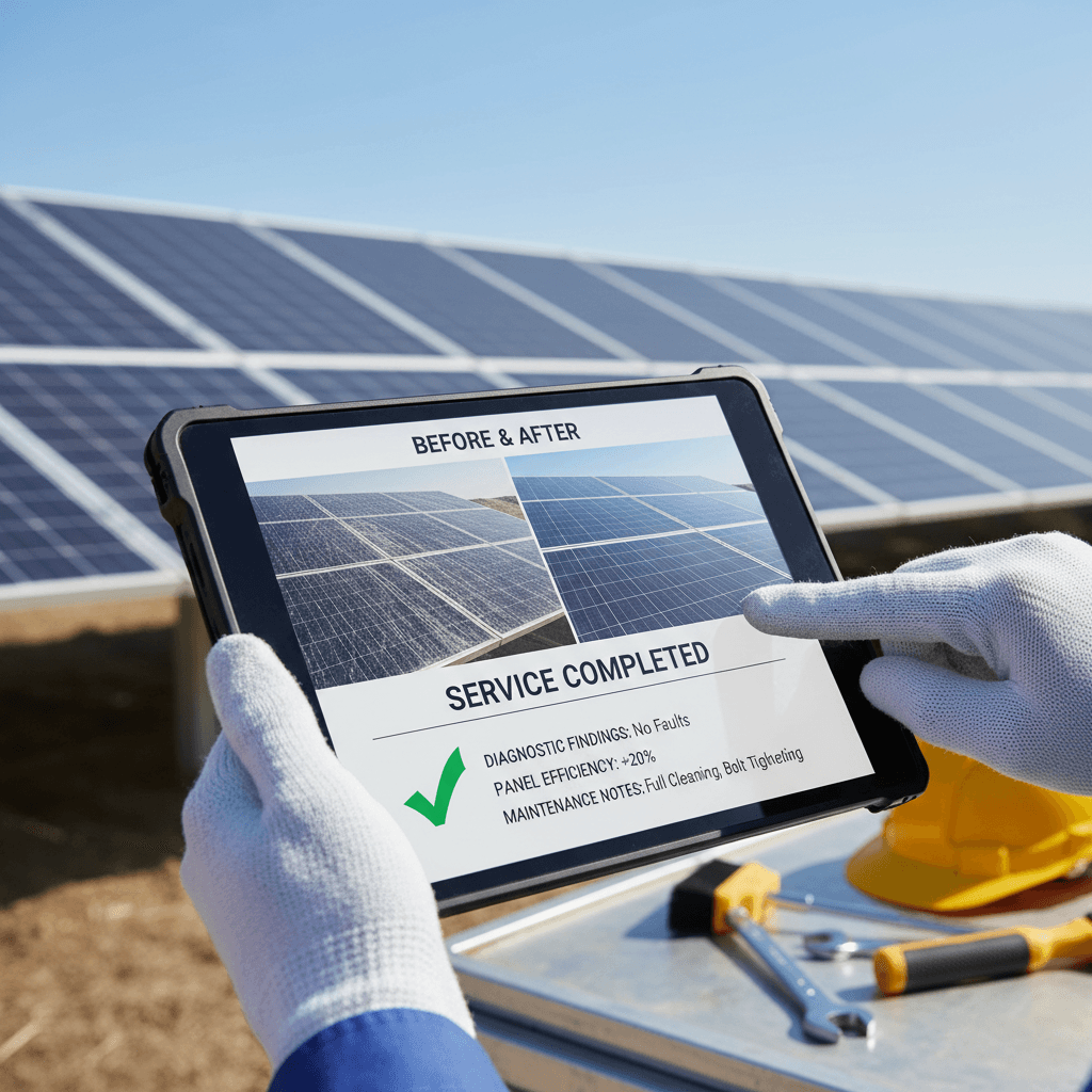 Service completion report with photos and diagnostic results