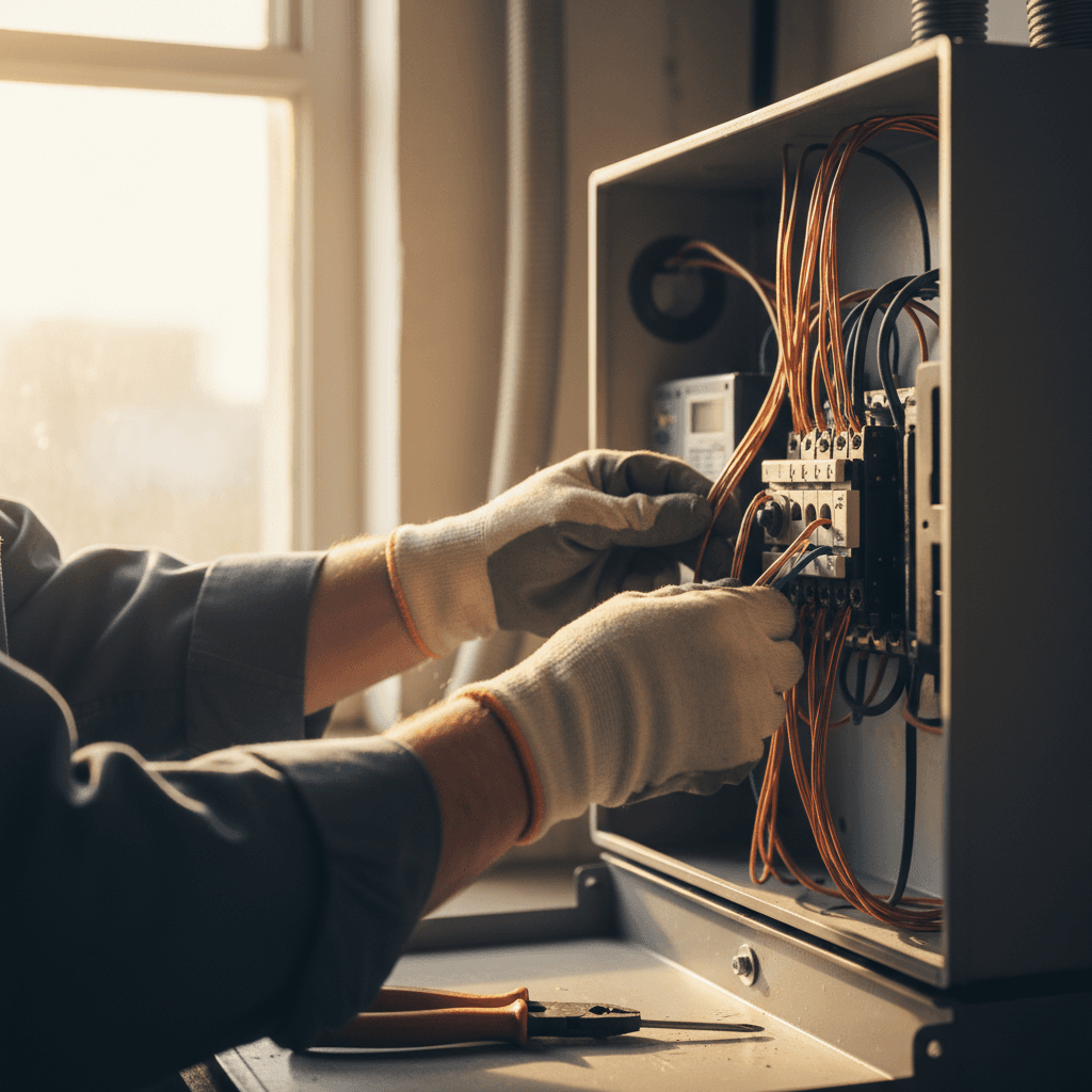 Licensed electrician working on solar system wiring