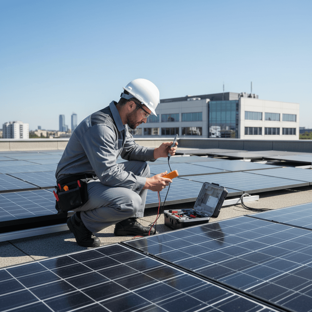Solar technician inspecting rooftop panels