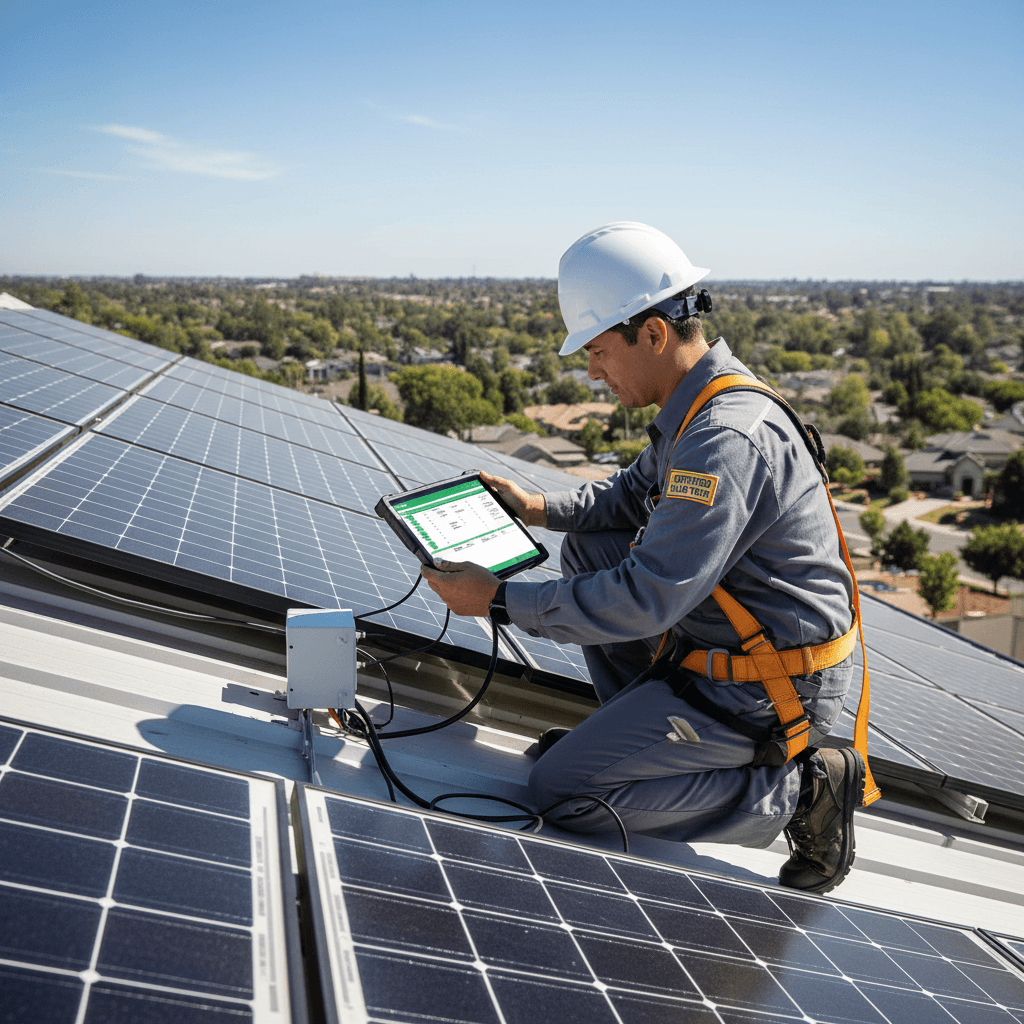 Solar technician conducting system diagnostics
