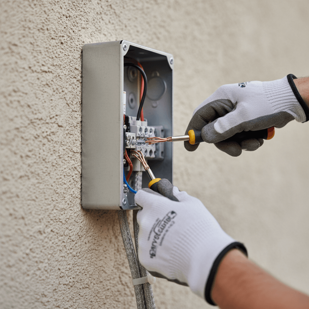Technician's hands precisely installing solar inverter electrical connections with professional focus and expertise