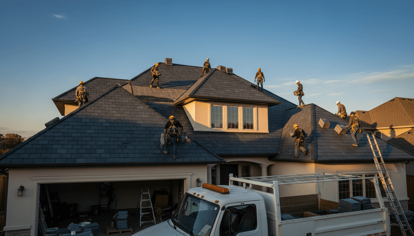 Professional roofing crew working on residential home roof in afternoon sunlight with safety equipment and materials