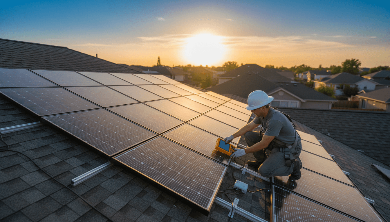 Solar technician inspecting panels