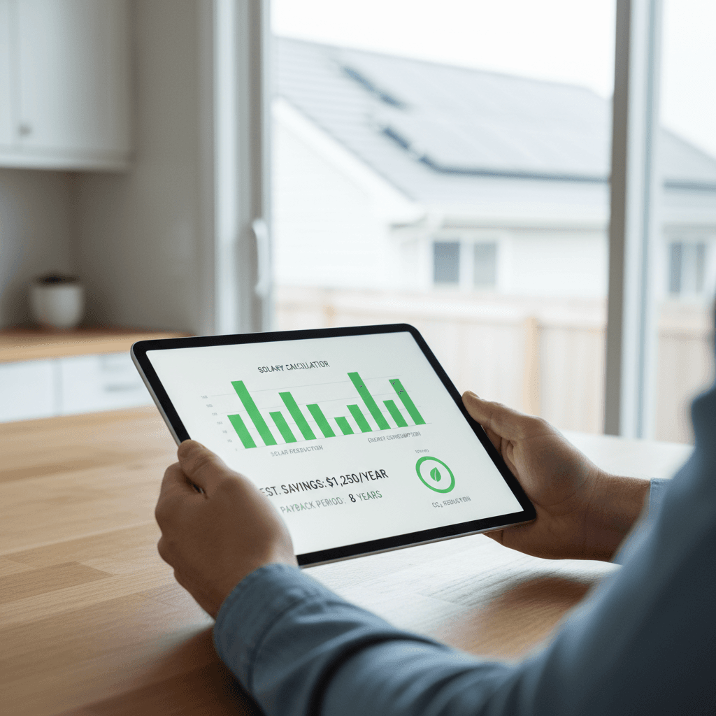 Homeowner holding tablet displaying energy savings calculator with solar projections in bright kitchen with window light