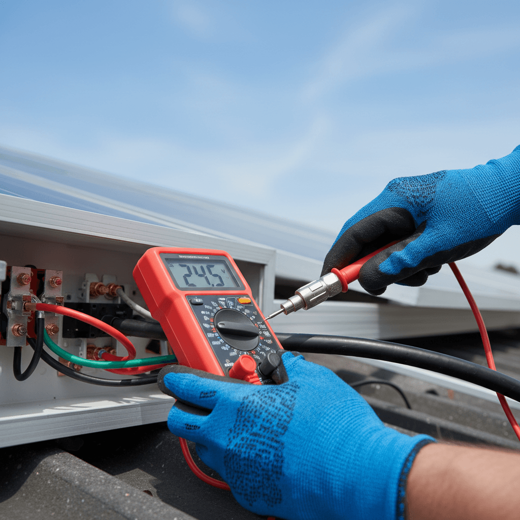 Technician's hands performing detailed maintenance inspection of solar panel electrical connections with multimeter