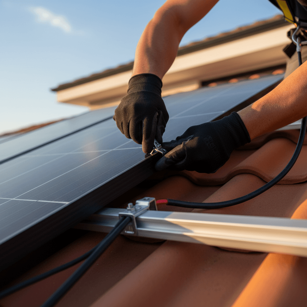 Certified solar technician performing panel inspection on residential rooftop