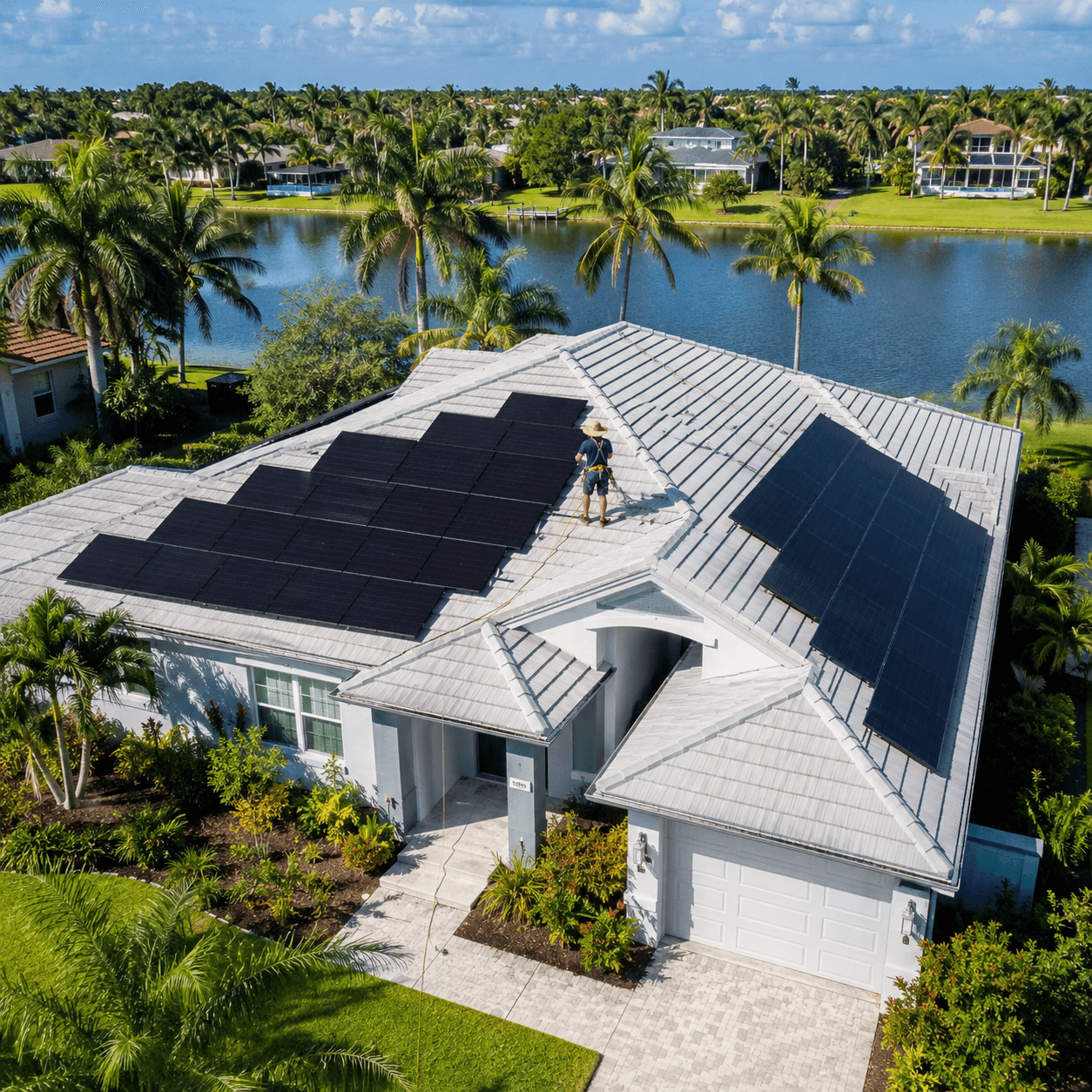 Worker installing solar panels on a white house roof in a tropical waterfront neighborhood.