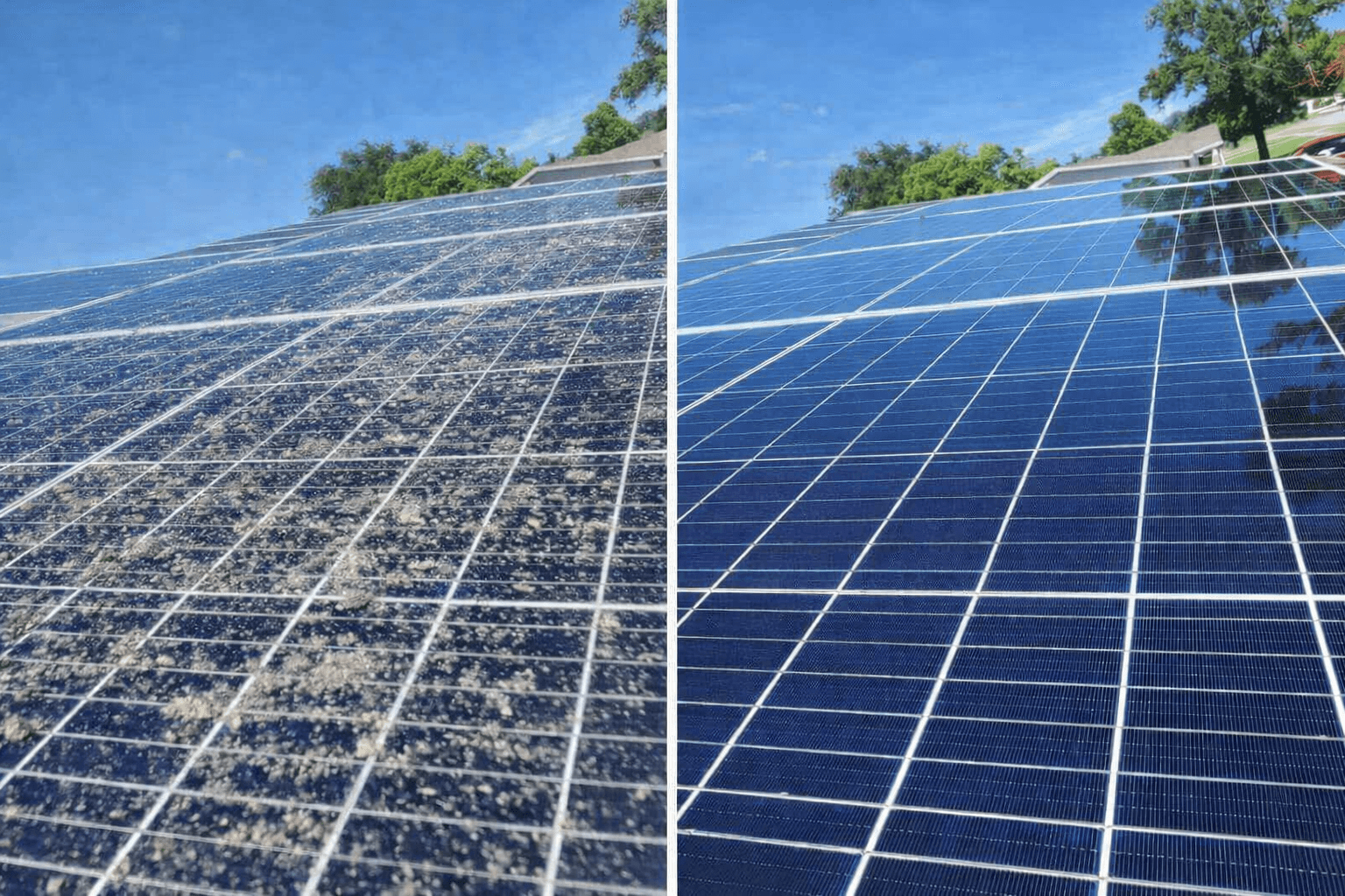 Side-by-side comparison of dirty, dusty solar panels and clean, shiny blue solar panels.