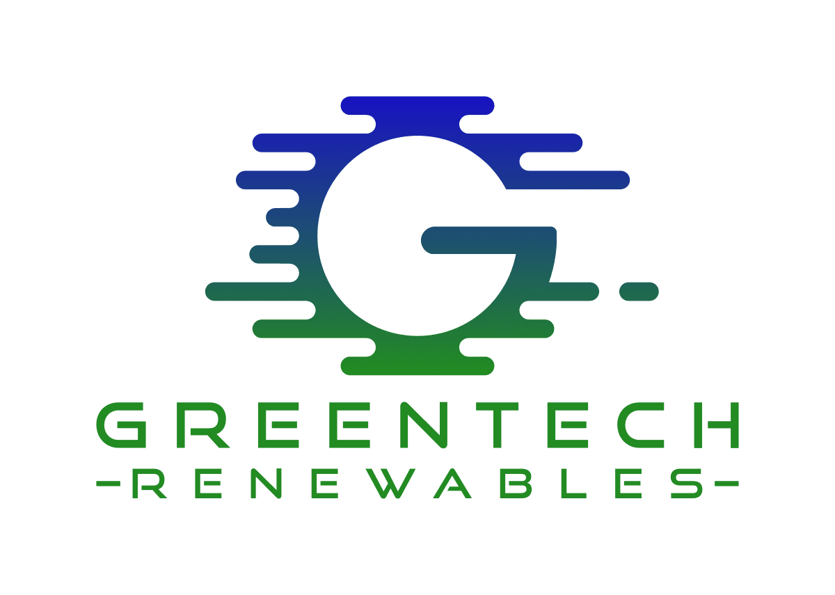 Greentech Renewables logo featuring a stylized G icon with blue and green horizontal lines.
